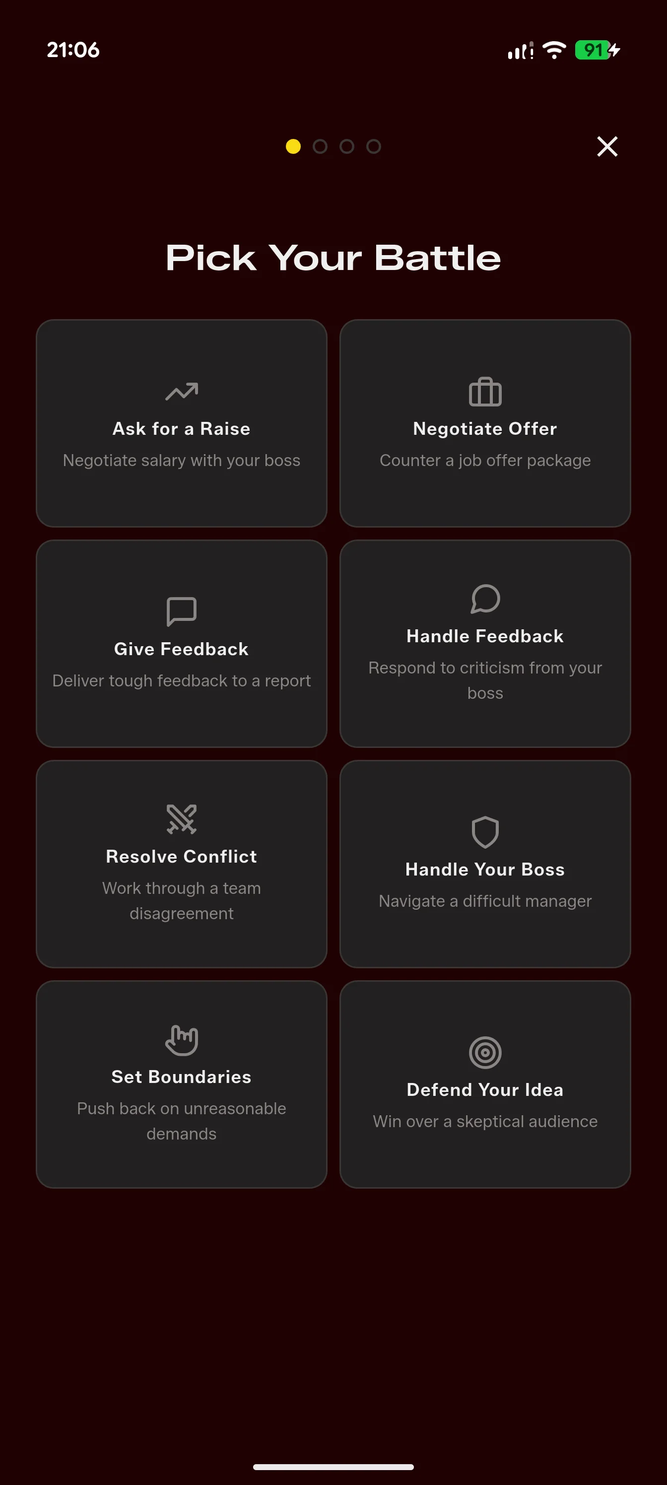 Assertr scenario selection screen showing eight workplace practice situations