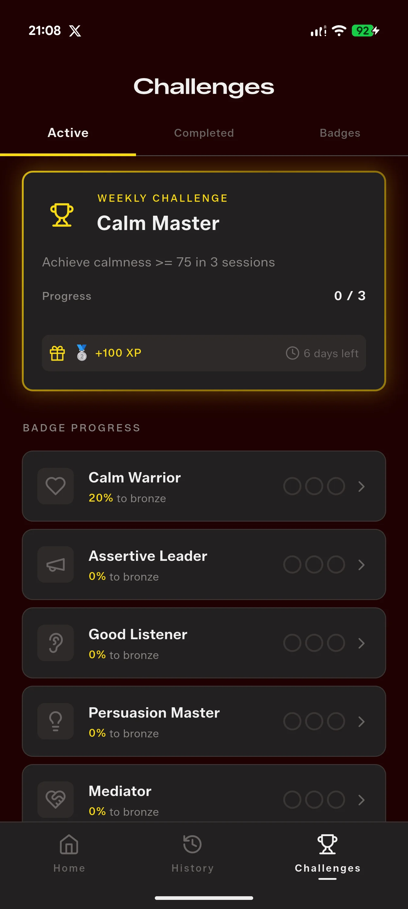 Assertr weekly challenges screen with streak tracking and badge progression